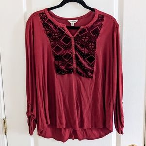 Red Lucky brand Blouse, long sleeve with velvet detailing
